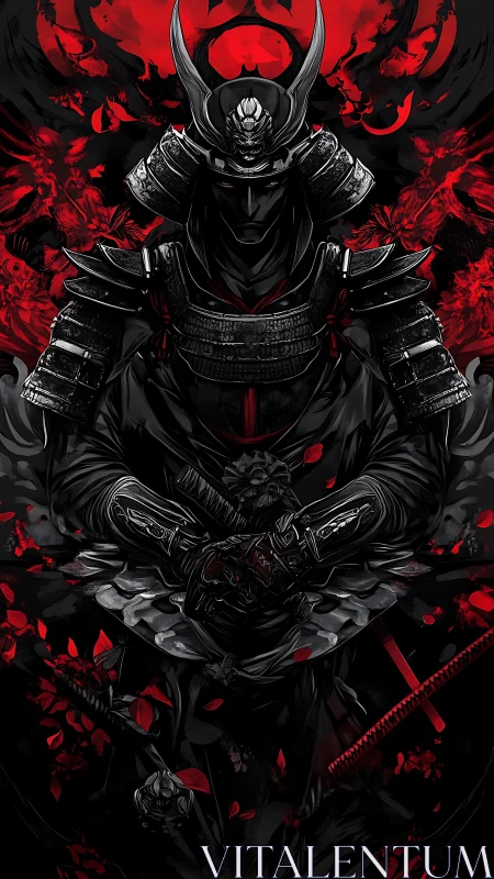 Armored shadow samurai under crimson moon with dual katana