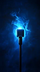 Luminous blue charging connector engulfed in digital flame.