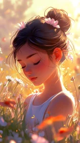 Girl rests in sunlit meadow with flowers and closed eyes