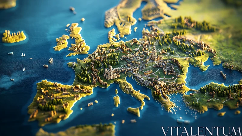 Miniature storybook Europe rising from a sunlit blue sea.