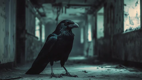 Black raven stands in decayed hallway of empty building.