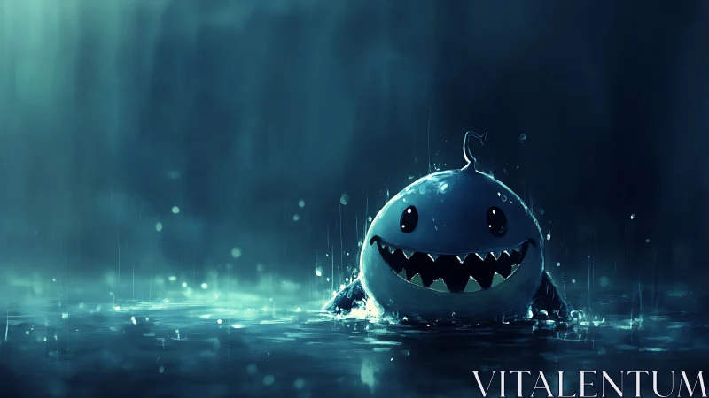 Cute cartoon shark creature in dark rainy water scene.