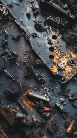 Rust kissed metal fragments glow softly in warm light