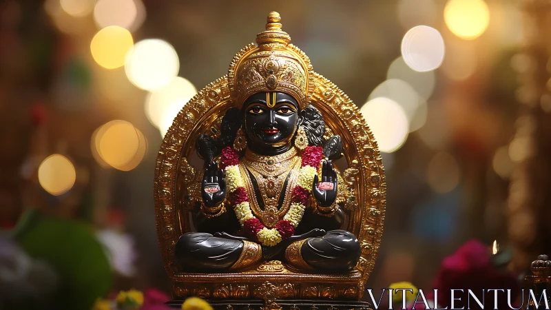 Gilded Hindu deity statue glowing amid soft temple bokeh.