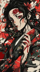 Crimson-eyed swordswoman blooms amid swirling battle petals.