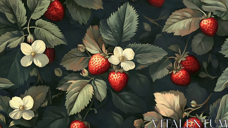 Botanical strawberry pattern with blossoms on dark foliage field