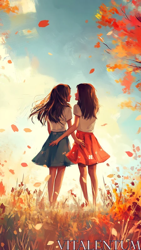 Autumn sisters holding hands in windy flower field.