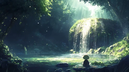 Volumetric Lighting Through Forest Canopy with Cascading Waterfall and Silhouetted Observer