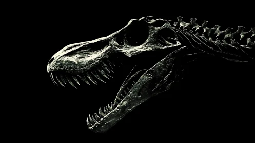 3D skeletal dinosaur profile in dramatic low-key chiaroscuro.