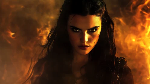 Dark-haired woman in front of intense surrounding flames.