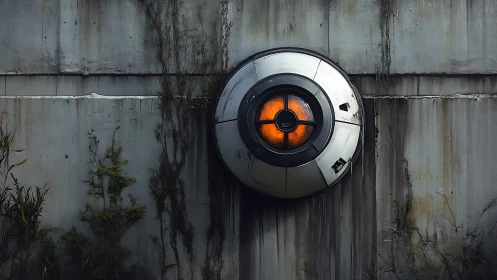 Spherical surveillance device mounted on stained concrete wall.