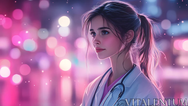 Neon bokeh portrait depicts young female doctor in soft focus
