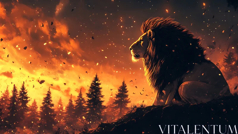 Lion watches burning forest under molten ember sky.