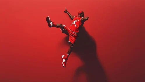 Basketball player soars midair against bold red backdrop