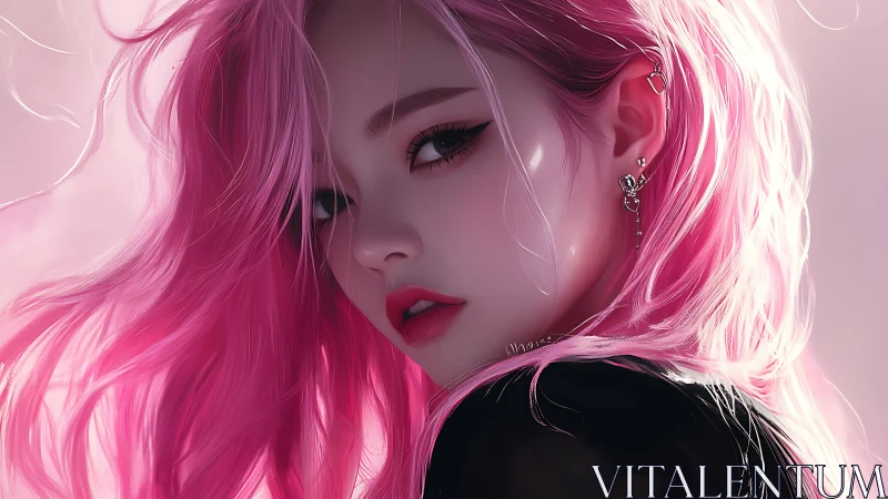 Soft neon gaze with flowing pink hair and quiet attitude.