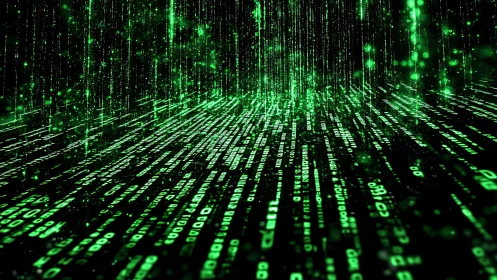 Green binary code matrix forming digital data landscape.