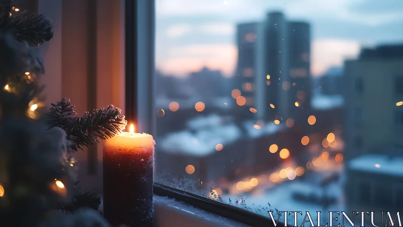 Candle burns on snowy window ledge overlooking blurred city