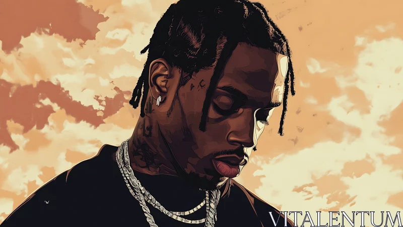 Pensive man in stylized portrait against cloudy sky.