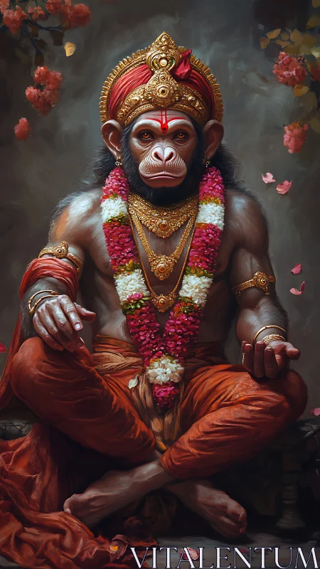 Digital painting of simian deity in ornate seated composition.