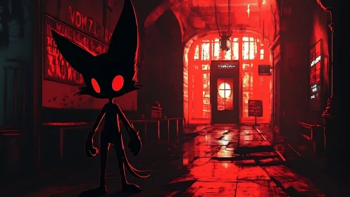 Shadowy cat silhouette haunts a crimson neon hallway.