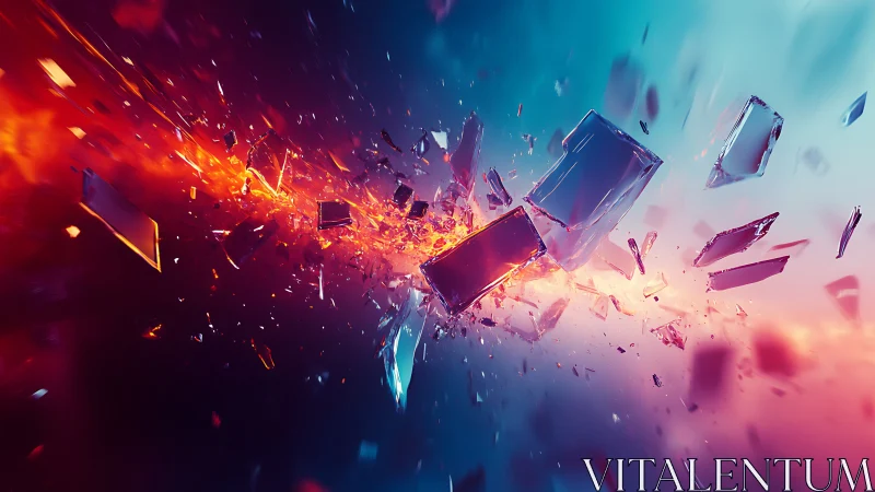 Shattered glass fragments explode through vivid energy field