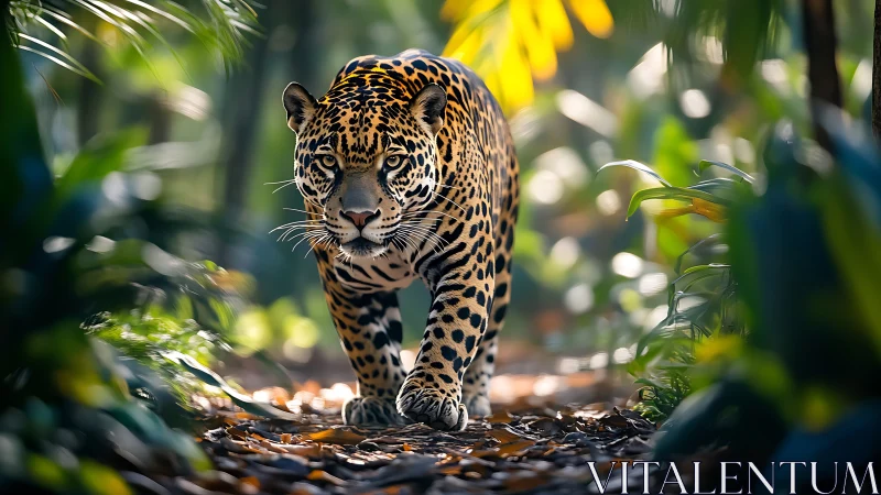 Stalking jaguar moves through lush rainforest corridor.