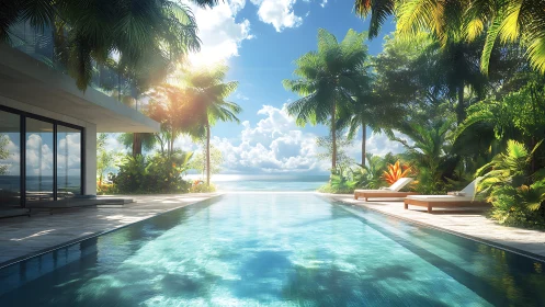 Modern beachfront villa with infinity pool and palm trees.