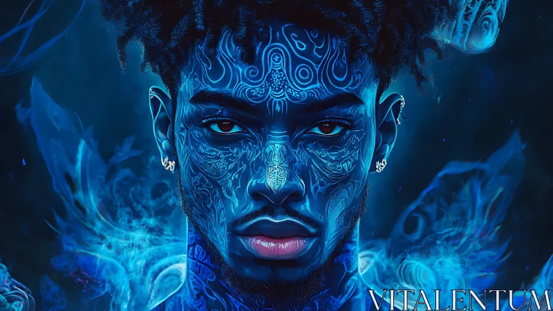 Blue lit portrait shows tattooed man emerging from glowing smoke