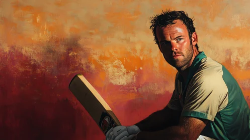 Contemplative cricket player rests against a blazing sunset backdrop