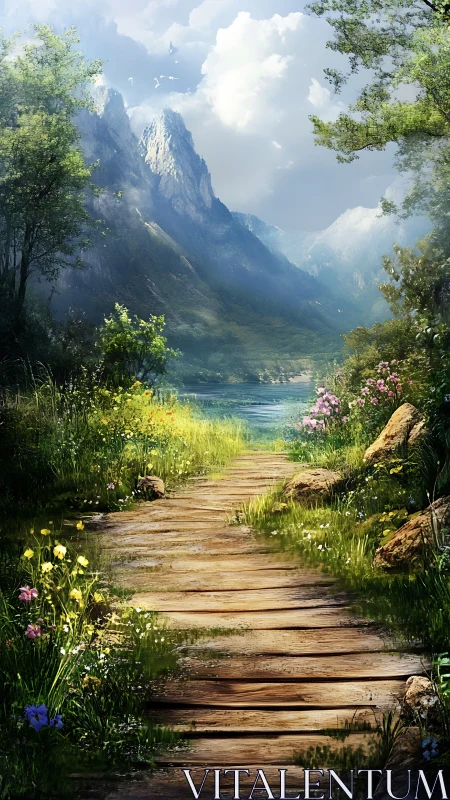 Mountain lake path under bright clouds and wildflowers.