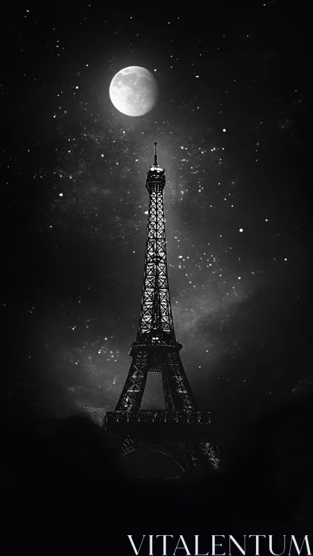 Eiffel Tower under moonlit star field at night sky.