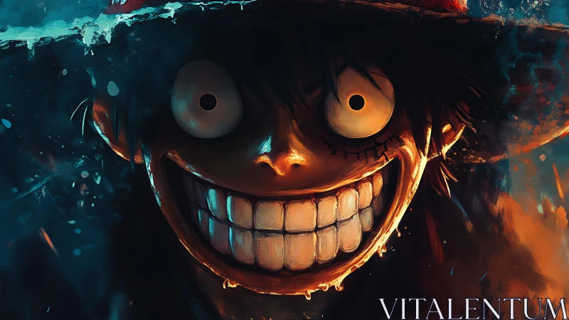 Sinister wide grin dominates stylized anime character portrait