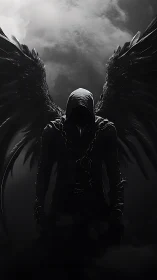Shadowed fallen angel emerges from stormy monochrome sky