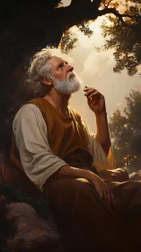 Elderly contemplative figure illuminated by high-contrast foliage light