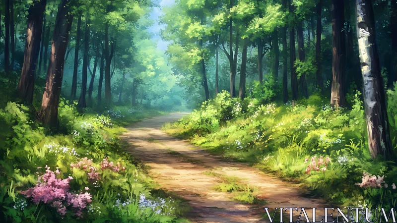 Luminous Forest Corridor Where Dappled Sunlight Dances.