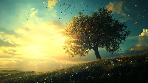 Sun-drenched hillside tree leans into a whirlwind of glowing leaves