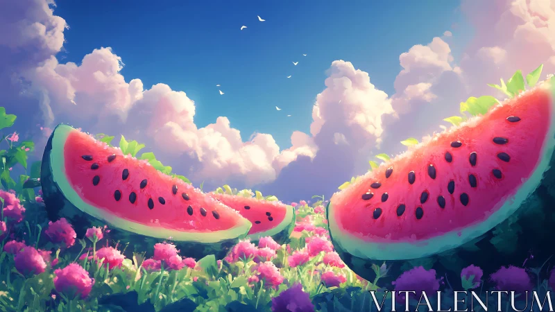 Summer dreamscape with giant watermelons in rosy bloom.