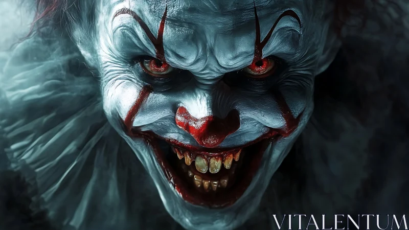 Grinning nightmare clown leans in, devouring the spotlight