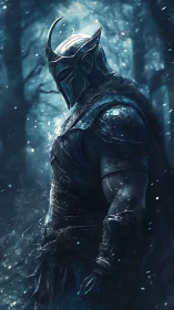 Helmed winter warden brooding in a frostbitten forest.