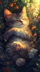 Feline Subject in Dappled Golden Illumination Amid Floral Arrangement.