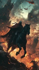Dark knight rides through infernal ruined citadel blaze.