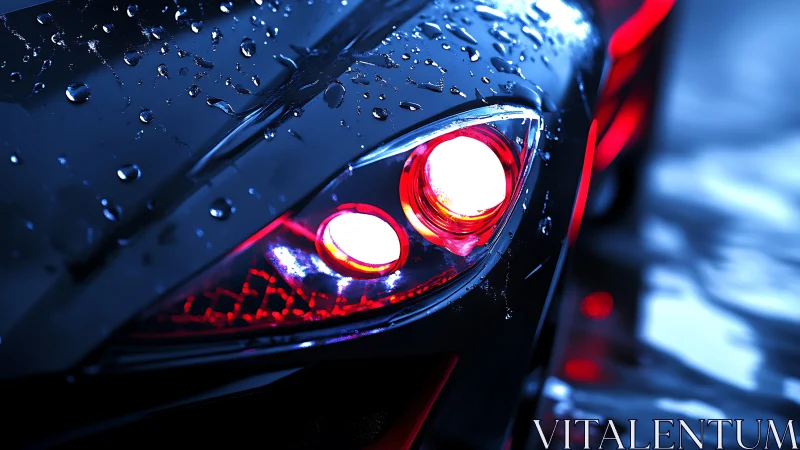 Rain-soaked sports car headlight glows in neon blue contrast