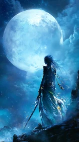 Moonlit warrior silhouette under colossal luminous moon.