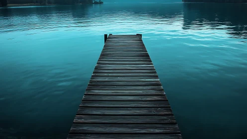 Quiet wooden pier reaching into calm blue lake waters.