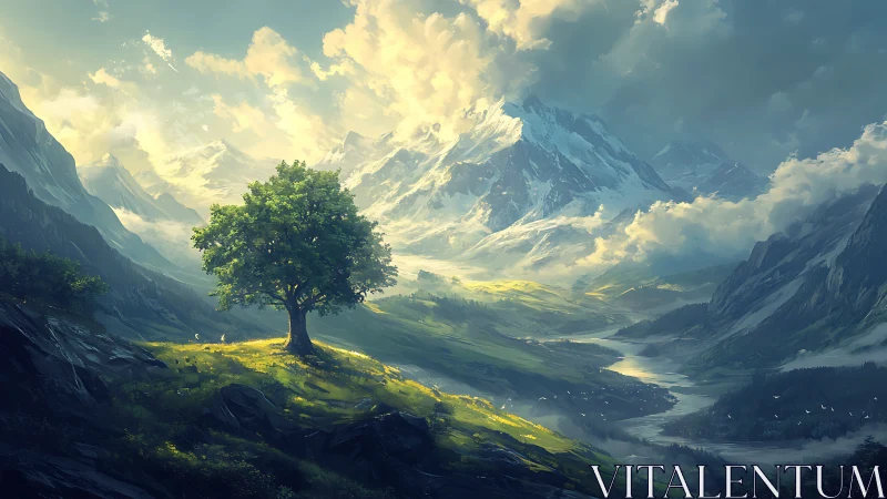 Lone green tree crowns luminous alpine river valley.