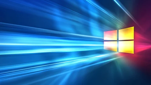 Bright window logo glows in dynamic blue light trails