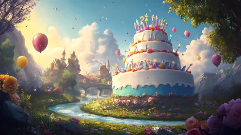 Monumental tiered cake structure in fantasy landscape with castle