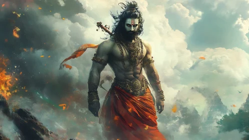 Warrior figure in orange drapery amid clouds and ruins.