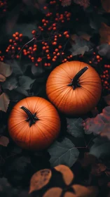 Warm autumn pumpkins rest among dark leaves and berries