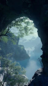 Cave-framed river hushes the morning light into misty blue